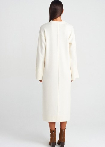 Beyaz Uzun Kollu Örgü Kadın Elbise - Görsel 2