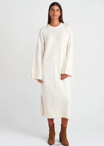 Beyaz Uzun Kollu Örgü Kadın Elbise - Görsel 3