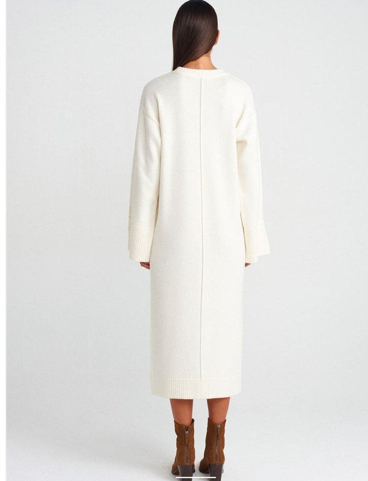 Beyaz Uzun Kollu Örgü Kadın Elbise - Görsel 2