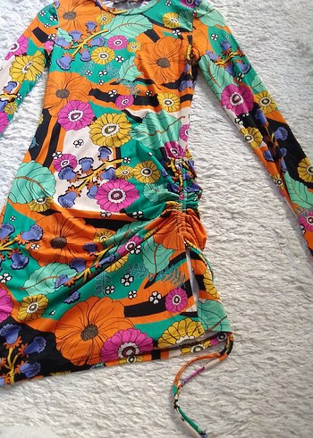 Çiçek Desenli Renkli Uzun Kollu Mini Elbise - Görsel 5