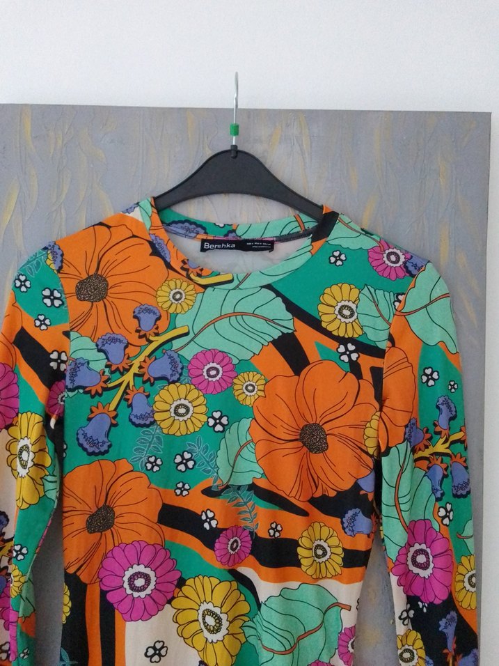 Çiçek Desenli Renkli Uzun Kollu Mini Elbise - Görsel 2