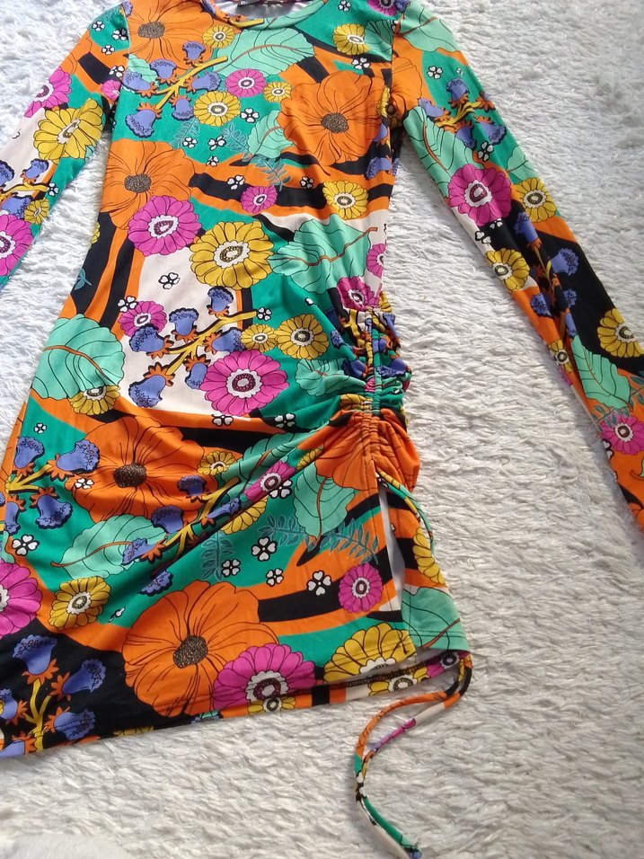 Çiçek Desenli Renkli Uzun Kollu Mini Elbise - Görsel 5