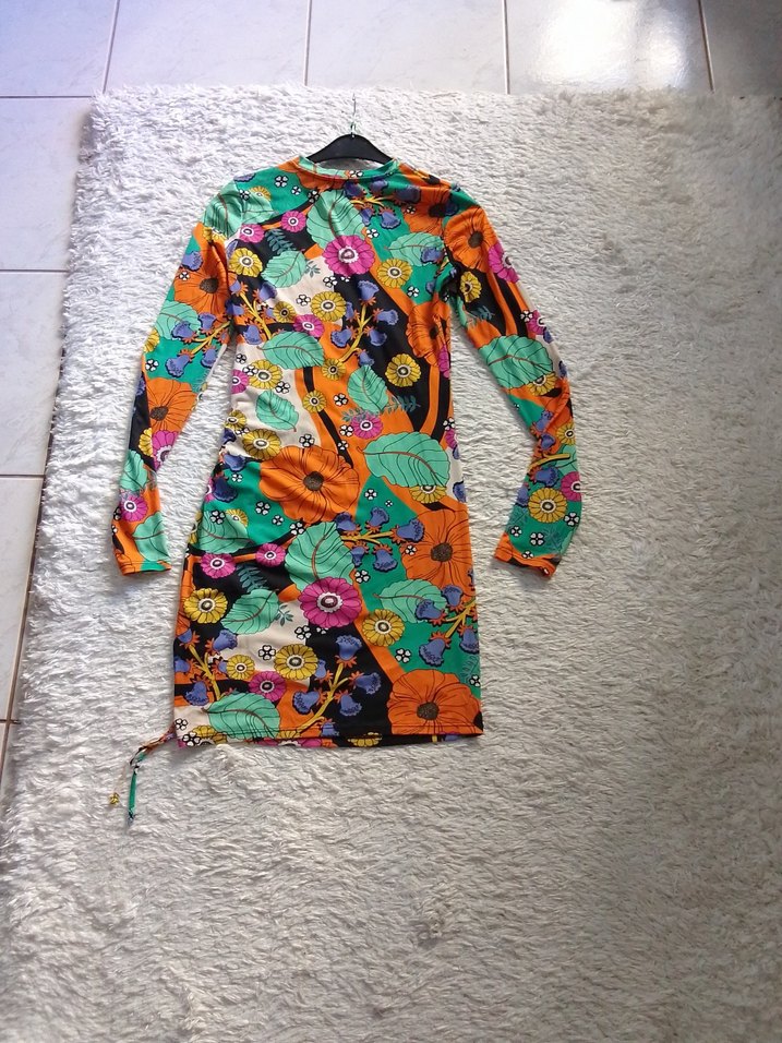 Çiçek Desenli Renkli Uzun Kollu Mini Elbise - Görsel 3