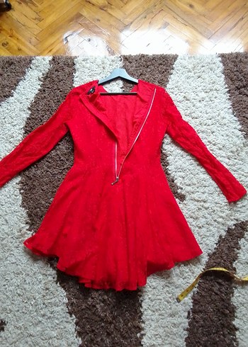 Kırmızı Dantel Uzun Kollu Midi Elbise - Görsel 6