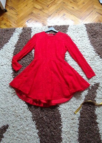 Kırmızı Dantel Uzun Kollu Midi Elbise - Görsel 4