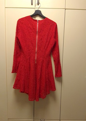 Kırmızı Dantel Uzun Kollu Midi Elbise - Görsel 3