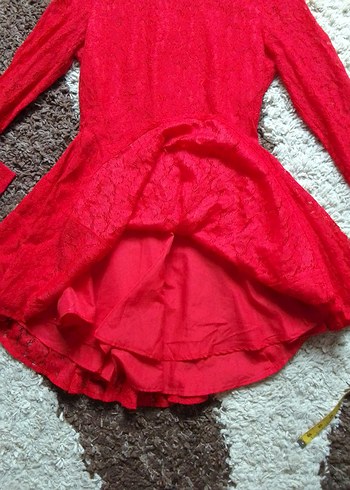 Kırmızı Dantel Uzun Kollu Midi Elbise - Görsel 5