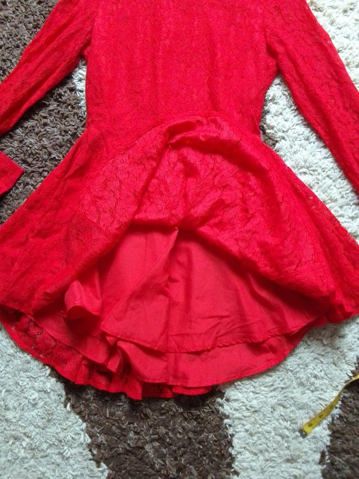 Kırmızı Dantel Uzun Kollu Midi Elbise - Görsel 5