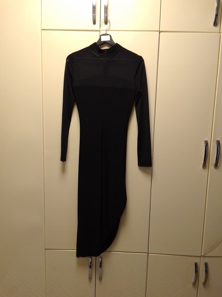 Uzun Kollu Siyah Drapeli Uzun Elbise - Görsel 2