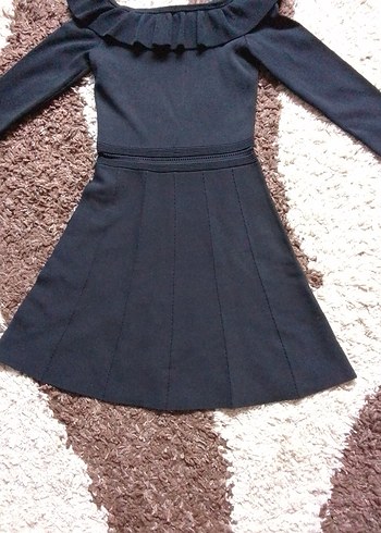 Siyah Uzun Kollu Fırfırlı Triko Elbise - Görsel 2