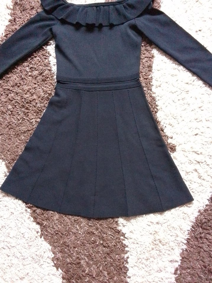 Siyah Uzun Kollu Fırfırlı Triko Elbise - Görsel 2