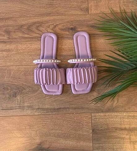 Diğer Lila Mor Taşlı İnci Detaylı Büzgülü Puffy Terlik&Sandalet