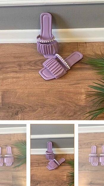 39 Beden Lila Mor Taşlı İnci Detaylı Büzgülü Puffy Terlik&Sandalet