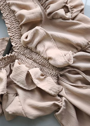 Bej V Yaka Fırfırlı Uzun Keten Elbise - Görsel 14