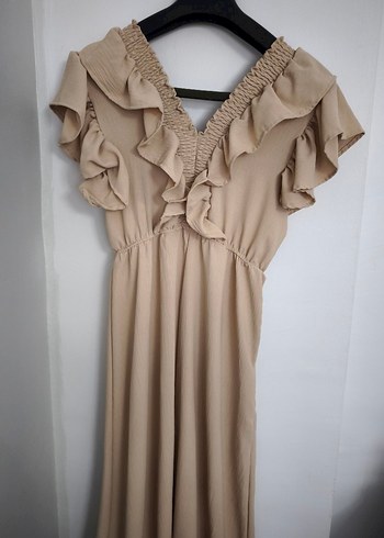 Bej V Yaka Fırfırlı Uzun Keten Elbise - Görsel 2