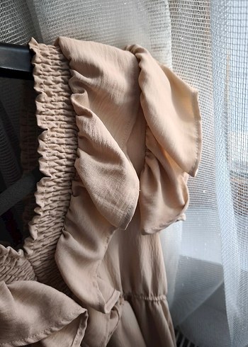 Bej V Yaka Fırfırlı Uzun Keten Elbise - Görsel 10