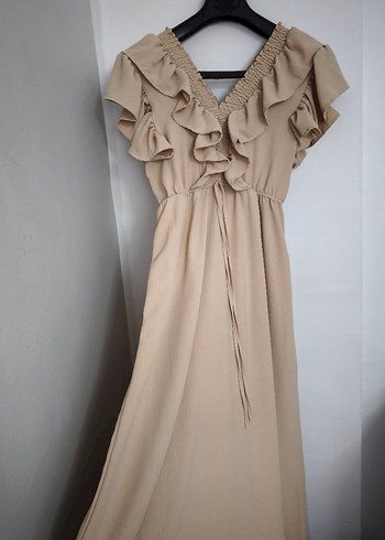 Bej V Yaka Fırfırlı Uzun Keten Elbise - Görsel 4