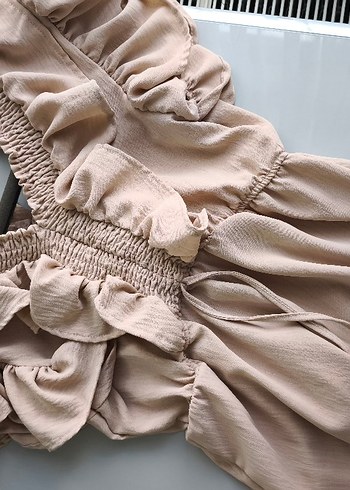 Bej V Yaka Fırfırlı Uzun Keten Elbise - Görsel 13