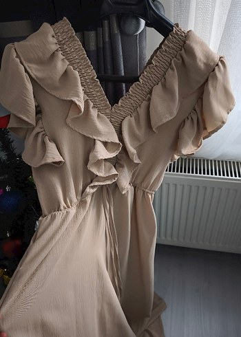 Bej V Yaka Fırfırlı Uzun Keten Elbise - Görsel 9