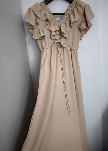 Bej V Yaka Fırfırlı Uzun Keten Elbise - Görsel 6