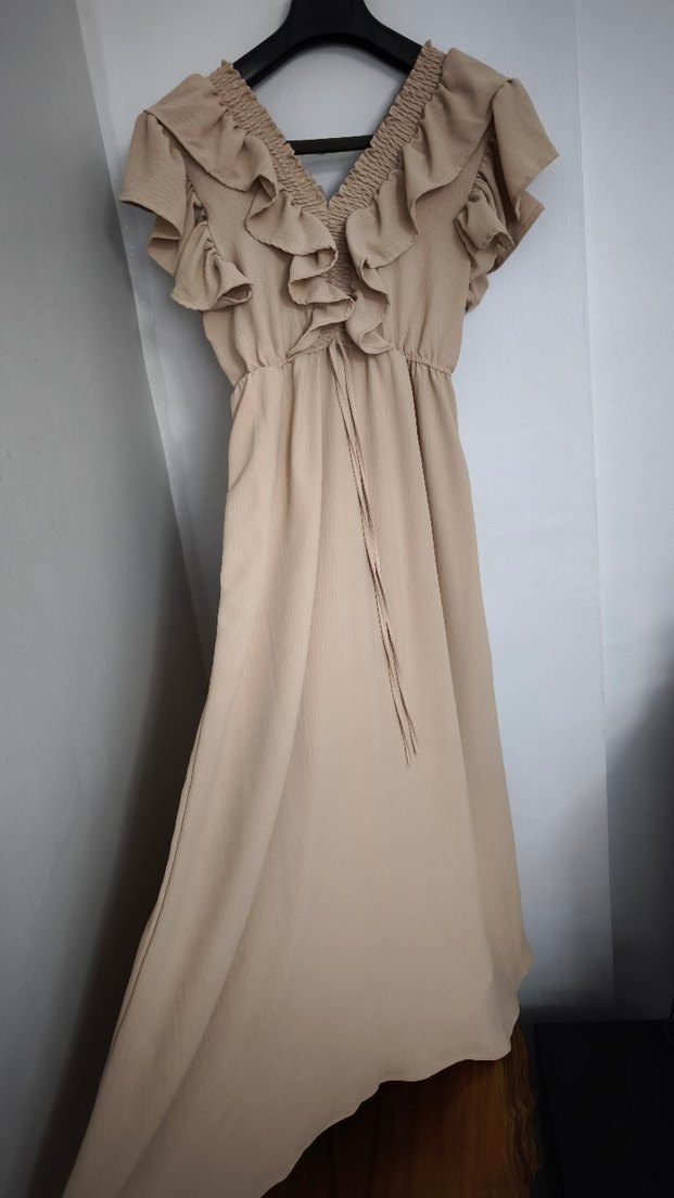 Bej V Yaka Fırfırlı Uzun Keten Elbise - Görsel 5