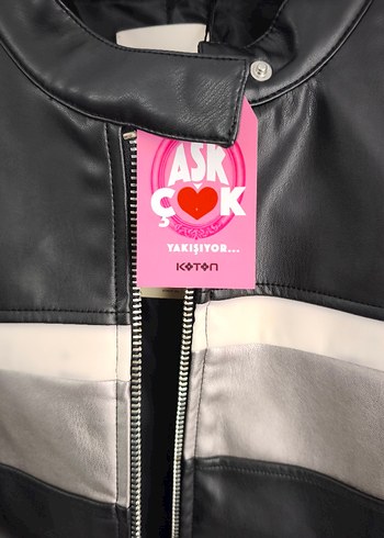 Çizgili Siyah Deri Biker Ceket - Görsel 7