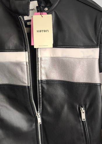 Çizgili Siyah Deri Biker Ceket - Görsel 11