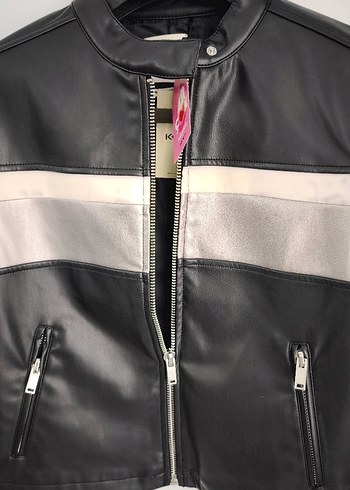 Çizgili Siyah Deri Biker Ceket - Görsel 6