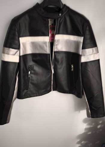 Çizgili Siyah Deri Biker Ceket - Görsel 2