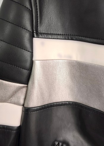 Çizgili Siyah Deri Biker Ceket - Görsel 4