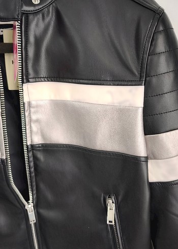 Çizgili Siyah Deri Biker Ceket - Görsel 5