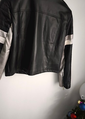 Çizgili Siyah Deri Biker Ceket - Görsel 10