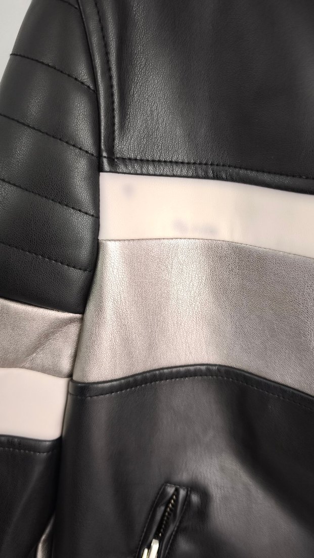 Çizgili Siyah Deri Biker Ceket - Görsel 4