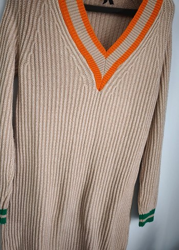 Bej V Yaka Triko Kadın Elbise - Görsel 4