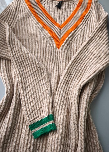 Bej V Yaka Triko Kadın Elbise - Görsel 2