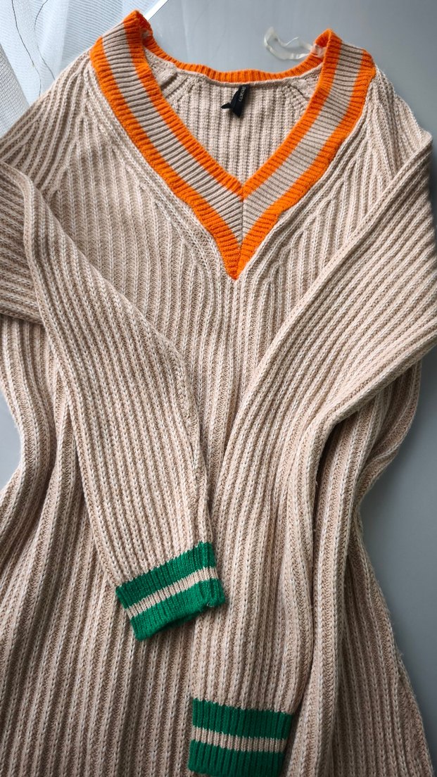 Bej V Yaka Triko Kadın Elbise - Görsel 2