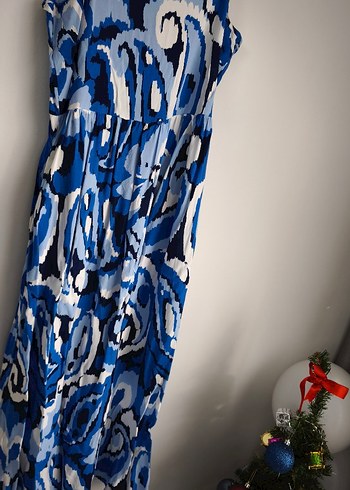 Mavi Batik Desenli Kadın askılı Elbise - Görsel 2