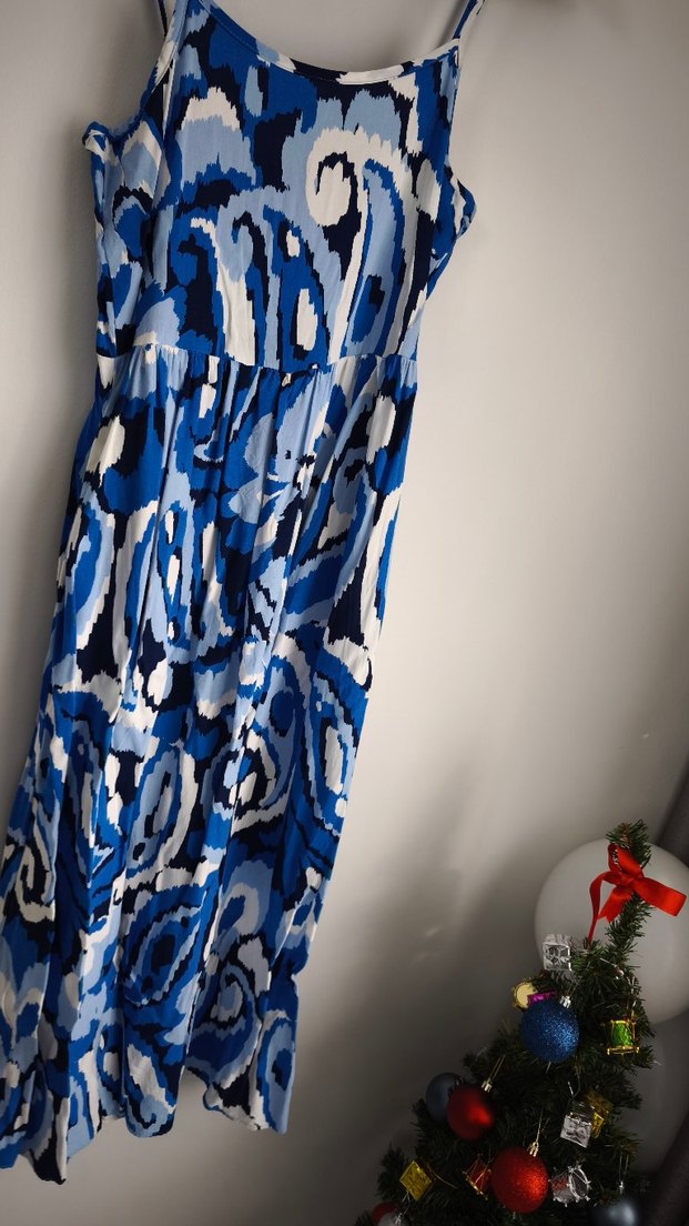 Mavi Batik Desenli Kadın askılı Elbise - Görsel 2