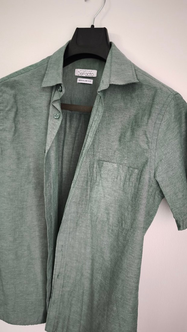 Erkek Keten Kısa Kollu Gri-Yeşil Gömlek - Görsel 3