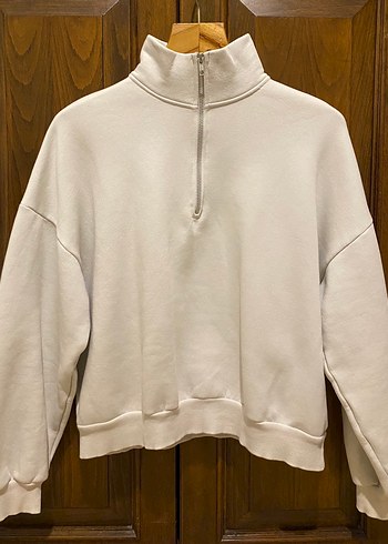 Yarım Fermuarlı Beyaz Kadın Sweatshirt - Görsel 3