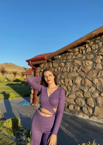 Bershka Bershka V Yaka Örgü Kadın Crop Top alt takım
