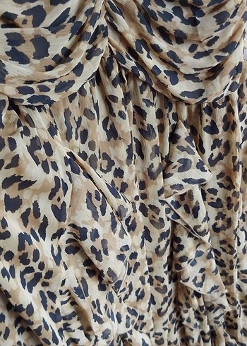 Drapeli Leopar Desenli Uzun Kadın Elbise - Görsel 4