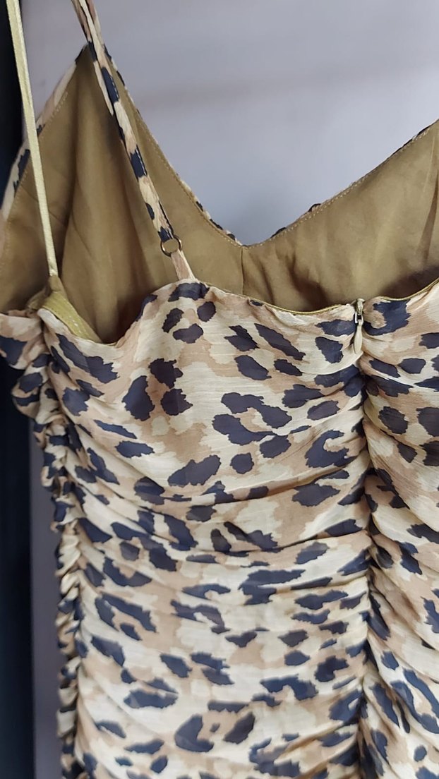 Drapeli Leopar Desenli Uzun Kadın Elbise - Görsel 2