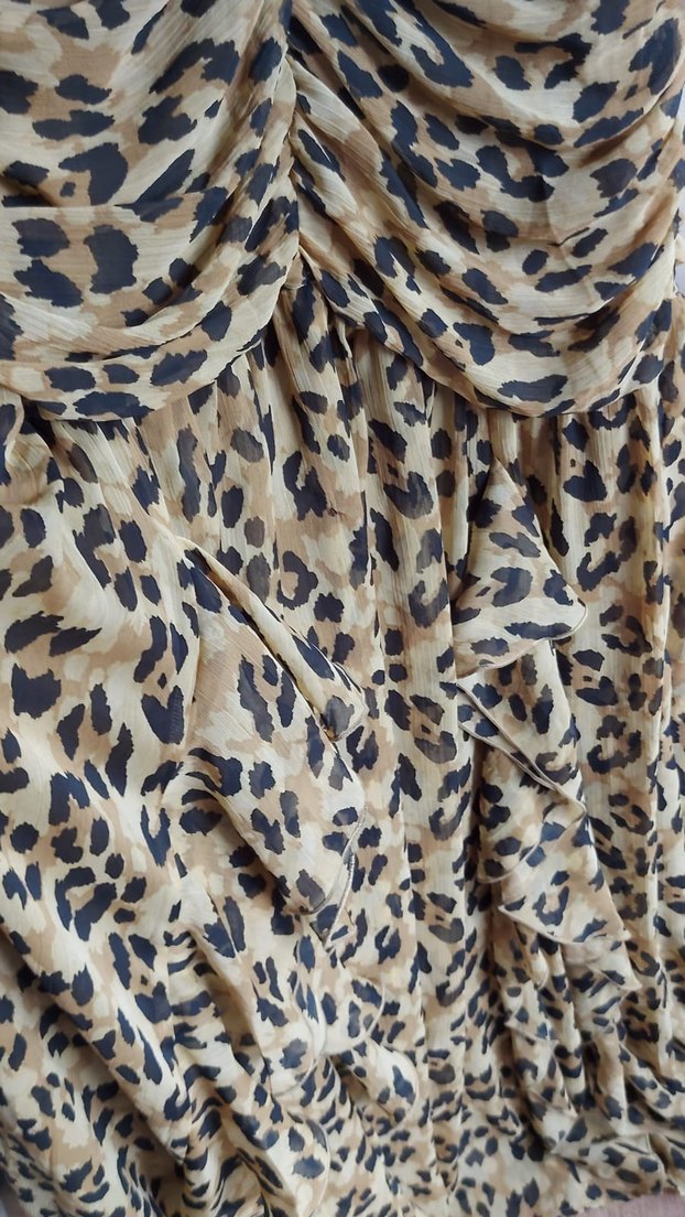 Drapeli Leopar Desenli Uzun Kadın Elbise - Görsel 4