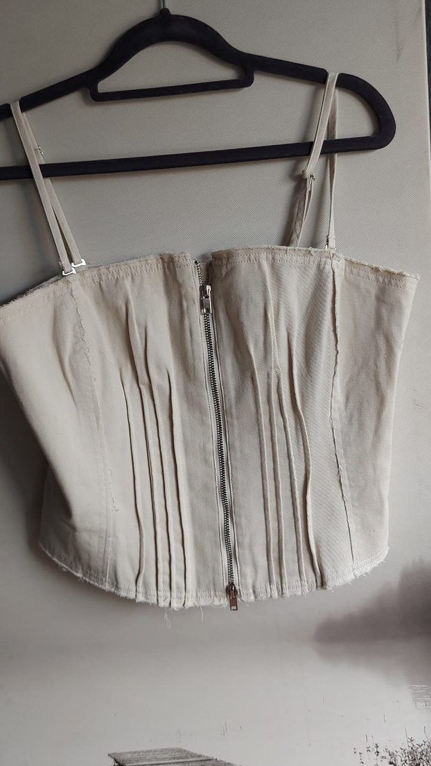 Bej Pliseli Keten Straplez Büstiyer - Görsel 4