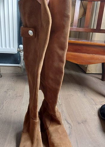 Kahverengi Süet Tokalı Dizüstü Kadın Çizme - Görsel 2