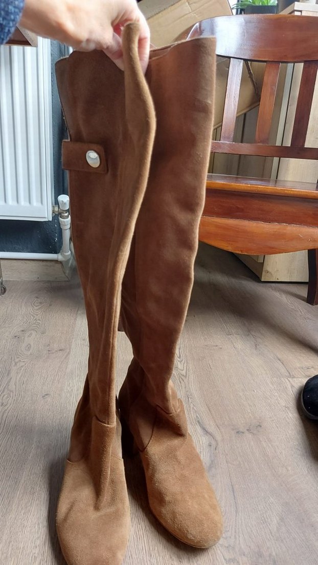Kahverengi Süet Tokalı Dizüstü Kadın Çizme - Görsel 2
