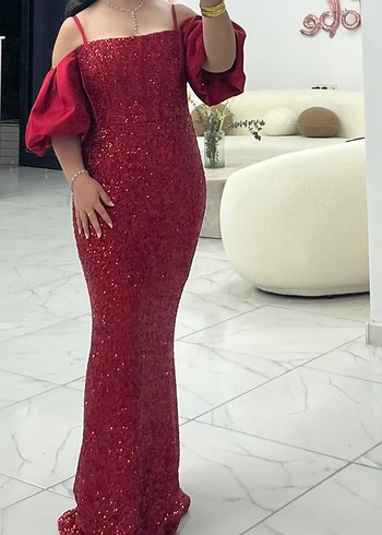 Bordo Payetli Uzun Abiye Elbise - Görsel 2