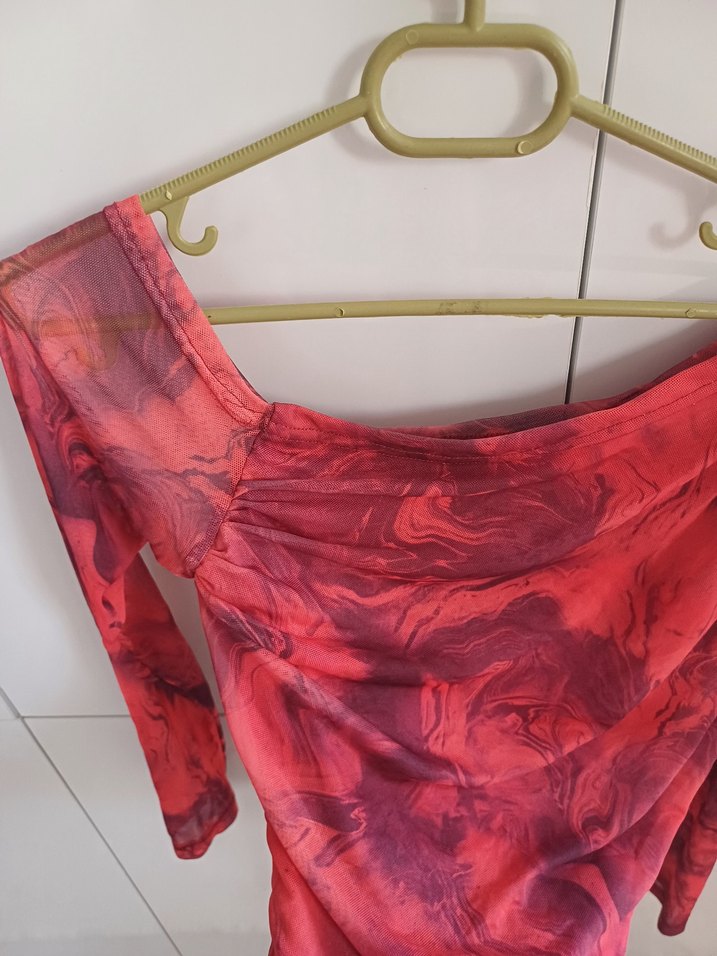 Kırmızı  Desenli Uzun Kollu Tül Bluz - Görsel 4