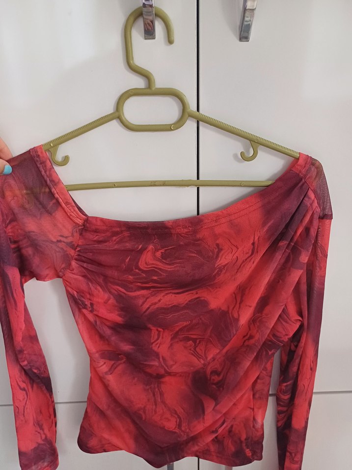 Kırmızı  Desenli Uzun Kollu Tül Bluz - Görsel 2